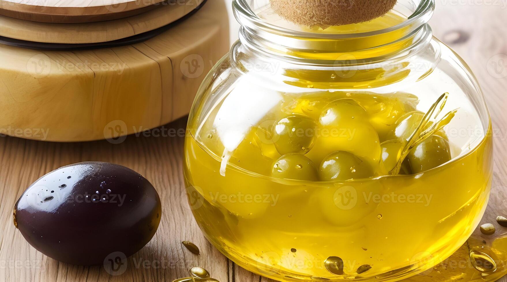 Golden Elixir Unveiled, A Culinary Work of Art with Glass Jug and Fragrant Olive Oil Bottle photo