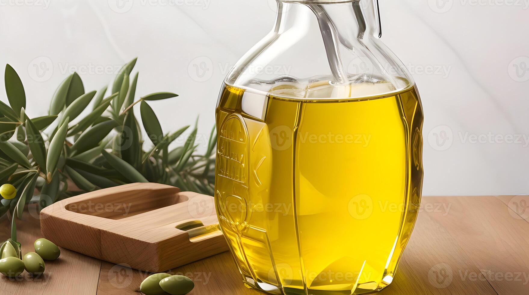 Golden Elixir Unveiled, A Culinary Work of Art with Glass Jug and Fragrant Olive Oil Bottle photo