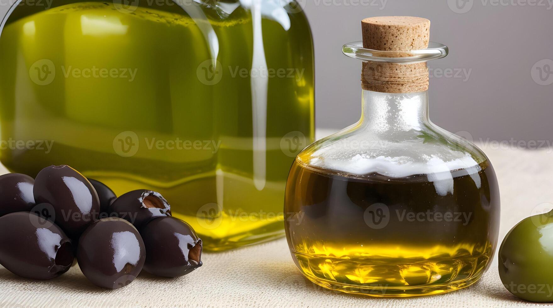 Golden Elixir Unveiled, A Culinary Work of Art with Glass Jug and Fragrant Olive Oil Bottle photo