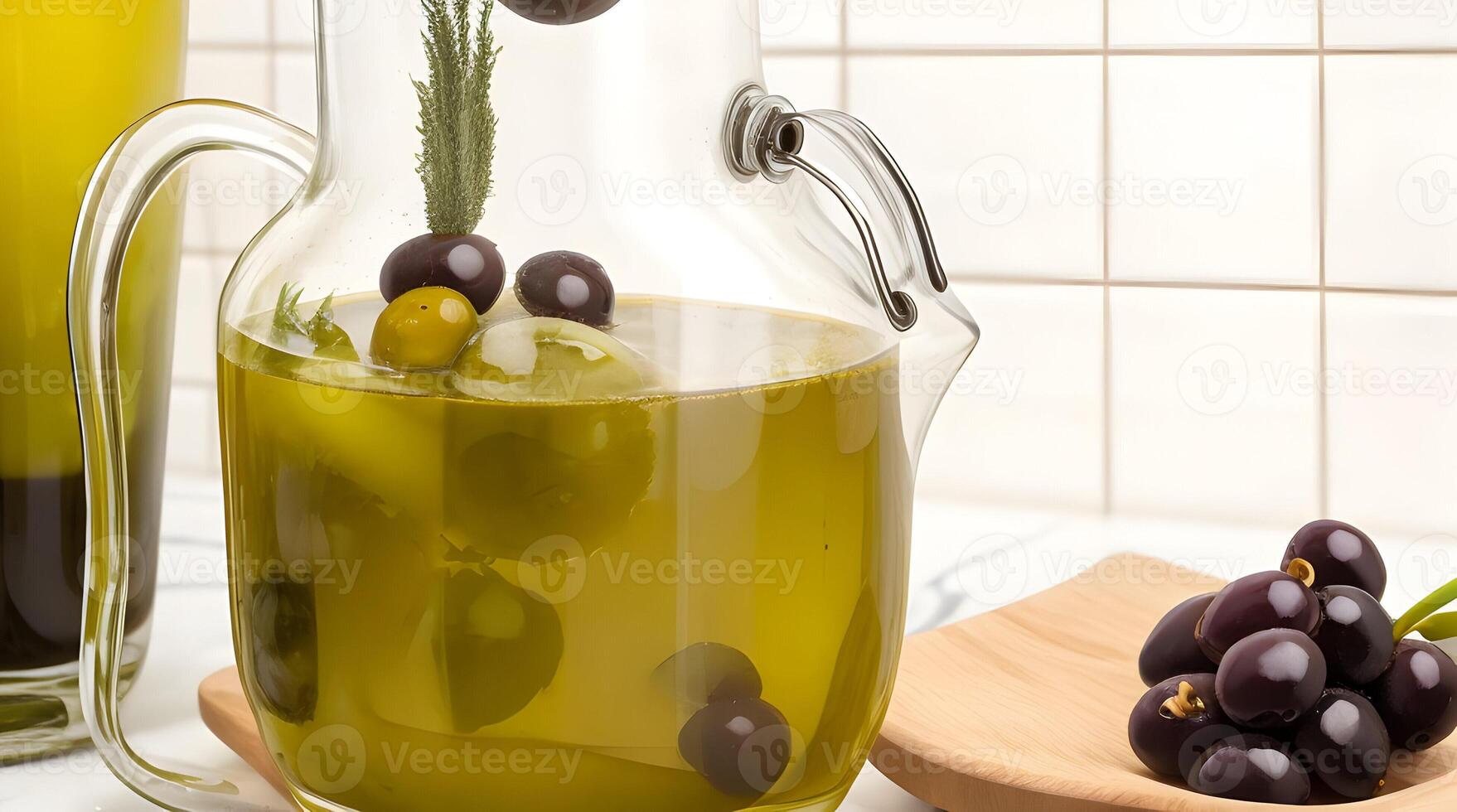 Golden Elixir Unveiled, A Culinary Work of Art with Glass Jug and Fragrant Olive Oil Bottle photo