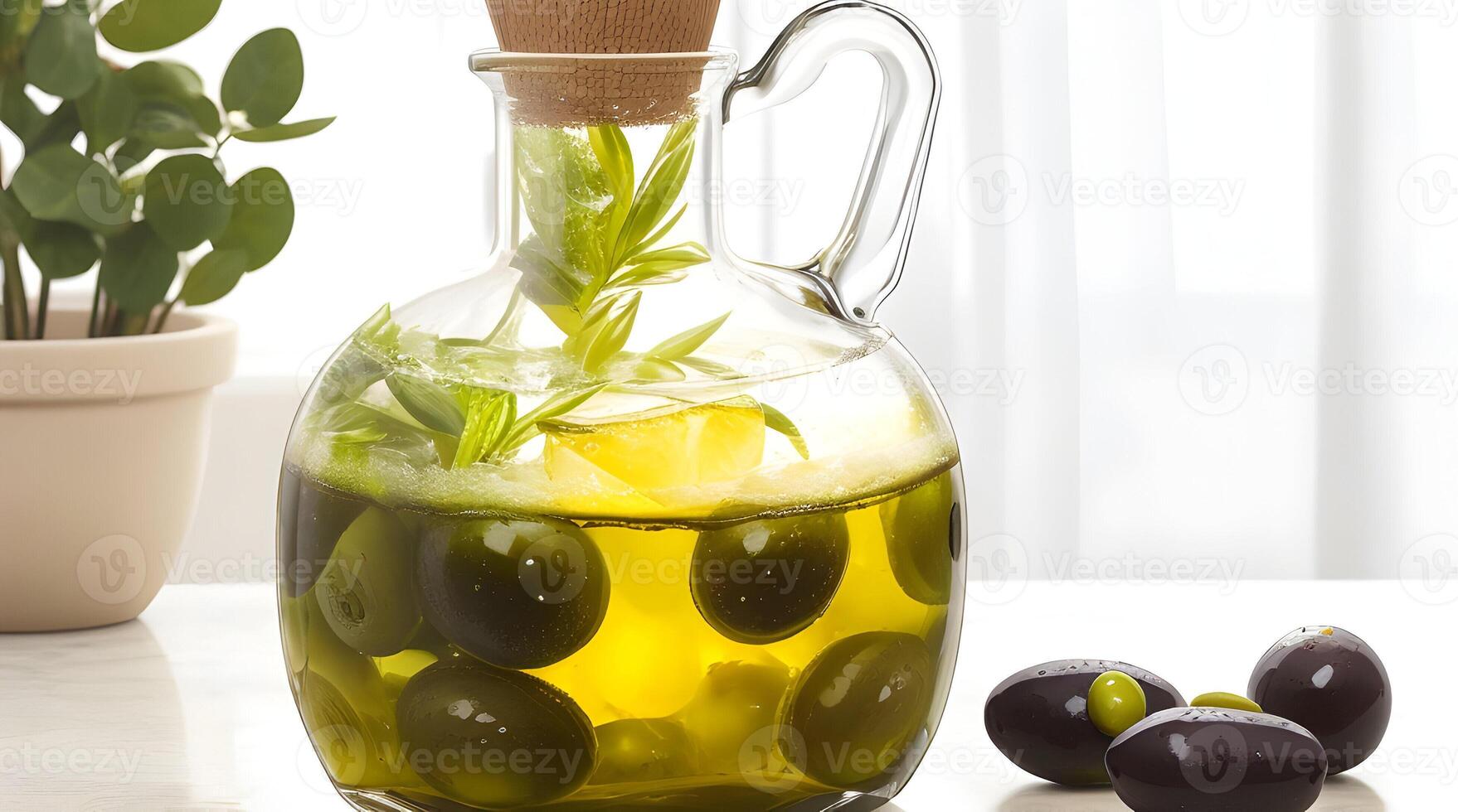 Golden Elixir Unveiled, A Culinary Work of Art with Glass Jug and Fragrant Olive Oil Bottle photo