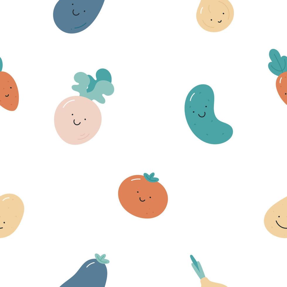 Seamless pattern with cute vegetables characters. Flat cartoon vector background. Fresh healthy vegetarian food. Farm harvest. Creative texture for fabric, wrapping, textile, wallpaper, apparel.