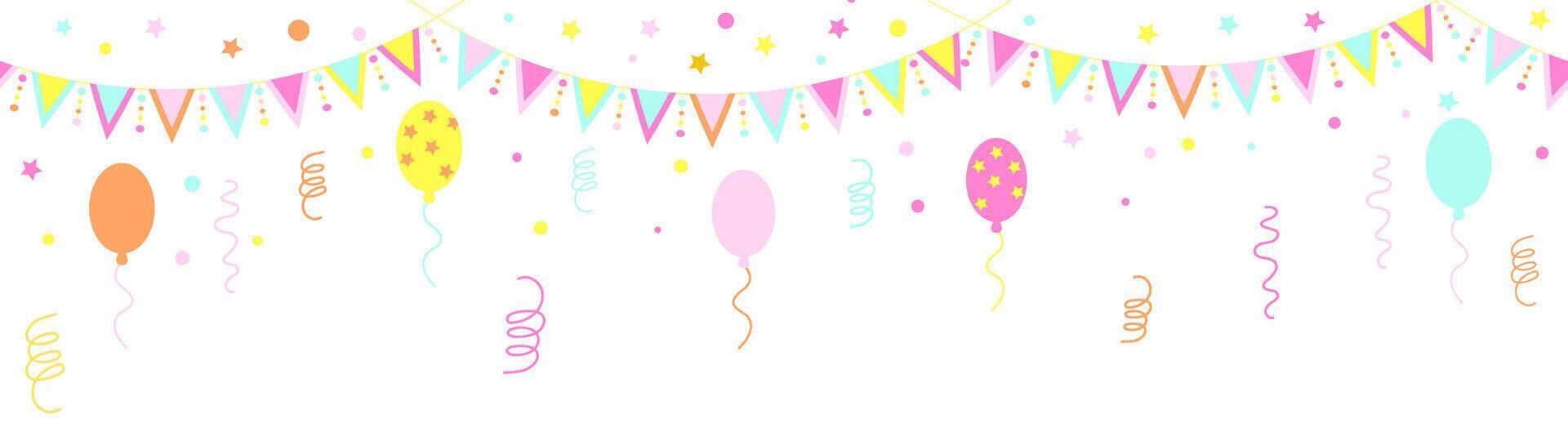 Vector seamless long background with flags garlands, balloons, confetti, streamer, isolated on a white.