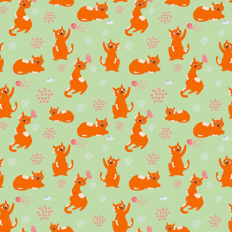 Vector seamless pattern with cute ginger cat, looking, sitting, standing and playing with knitting yarn in happy or sad mood.