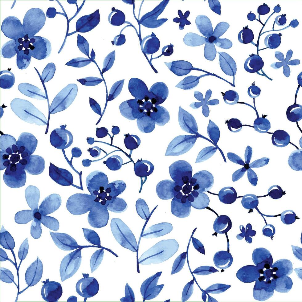 seamless pattern with blue watercolor flowers and leaves. small, simple flowers on a white background. vector