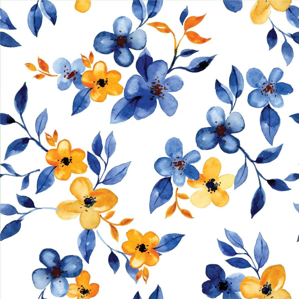 seamless pattern with blue and yellow watercolor flowers and leaves. small, simple flowers on a white background. vector