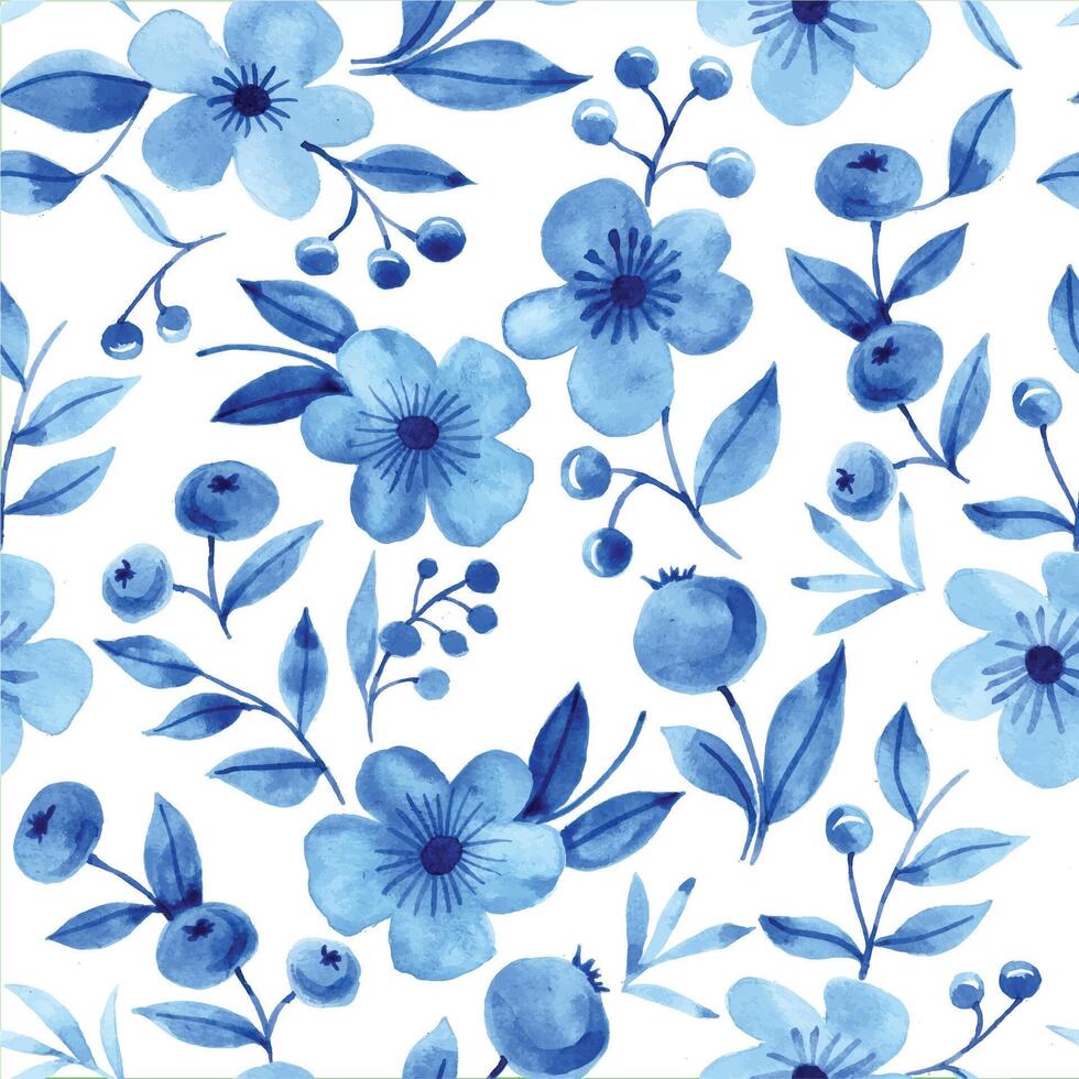 seamless pattern with blue watercolor flowers and leaves. small, simple flowers on a white background. vector