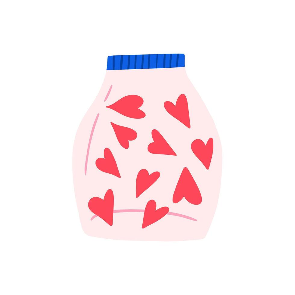 Hearts in jar, hand drawn cartoon flat vector illustration isolated on white background. Concepts of love, Valentines day, charity and donations.