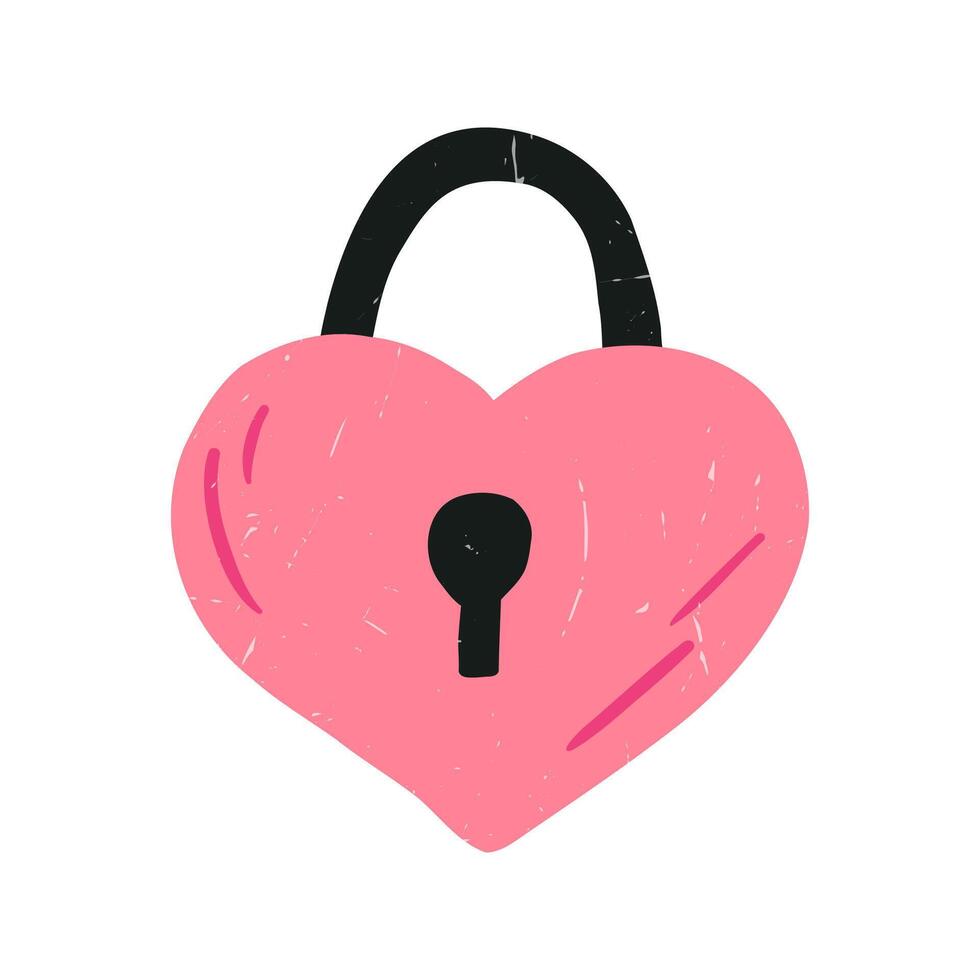 Hand drawn padlock in shape of heart, flat vector illustration isolated on white background. Cute Valentines day drawing with grunge texture. Concept of love.