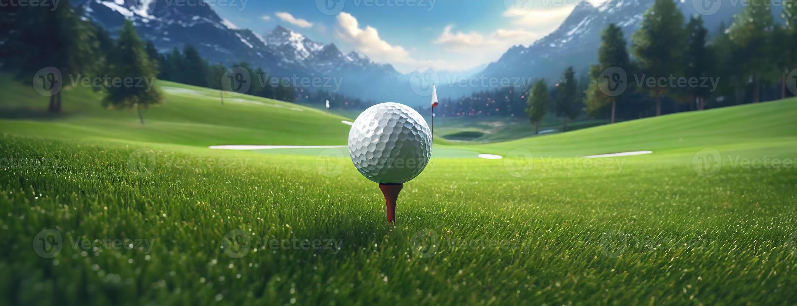 AI Generated Golf ball on tee with mountain backdrop. The background reveals a beautifully manicured golf course with a challenging layout, nestled among rolling green hills under a serene sky. photo
