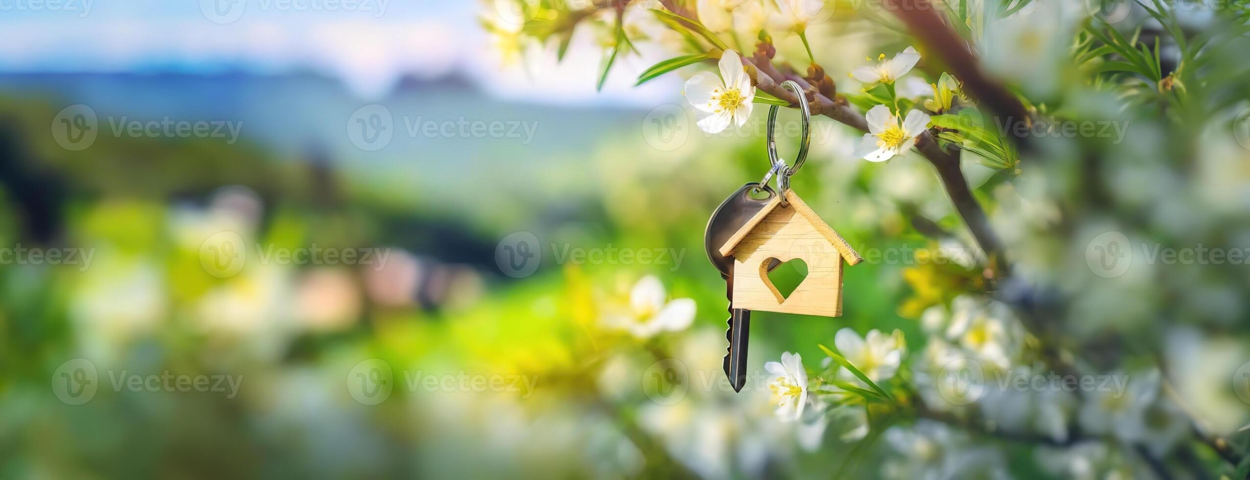 AI Generated A key ring with a house shape hangs on a blooming branch, embodying home dreams. Keychain suggests new beginnings amidst spring blossoms. Real estate, moving home or renting property photo