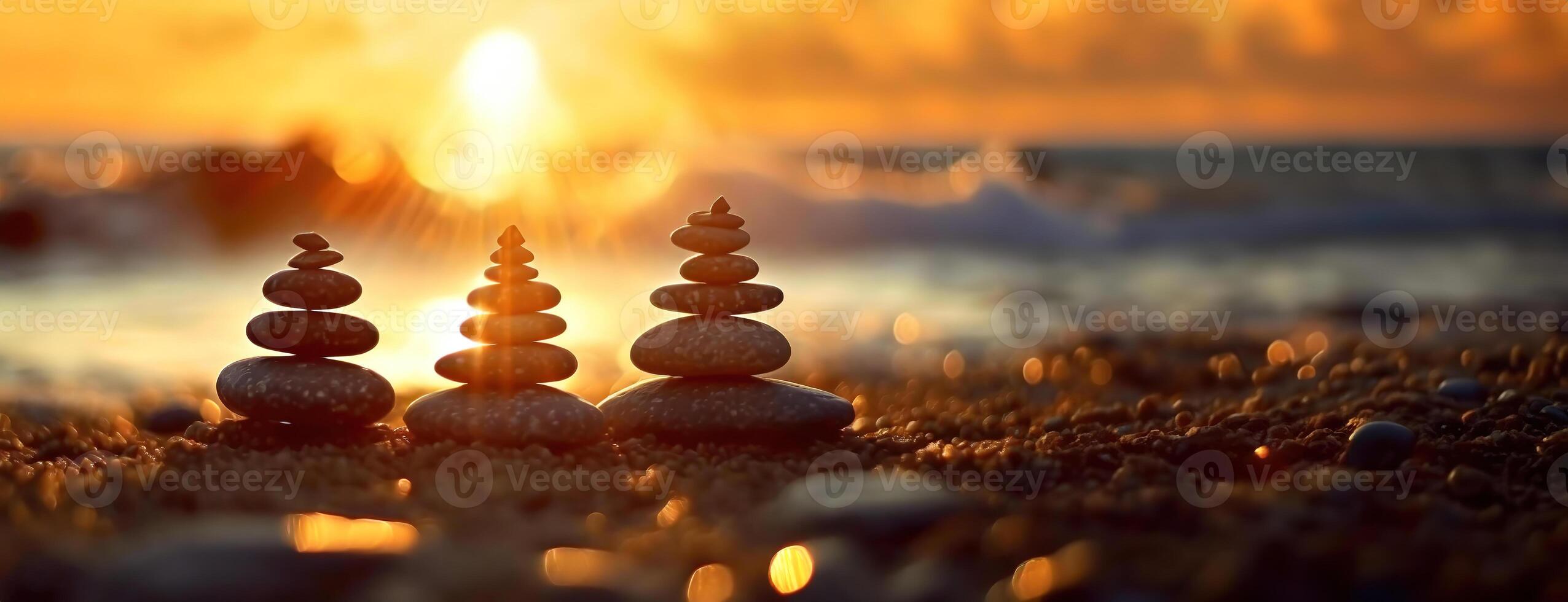 AI Generated Stacked stones at sunset on a pebbled beach capture a moment of zen. The sun's golden glow bathes a tranquil shore, waves whispering tales of the deep. Panorama with copy space. photo