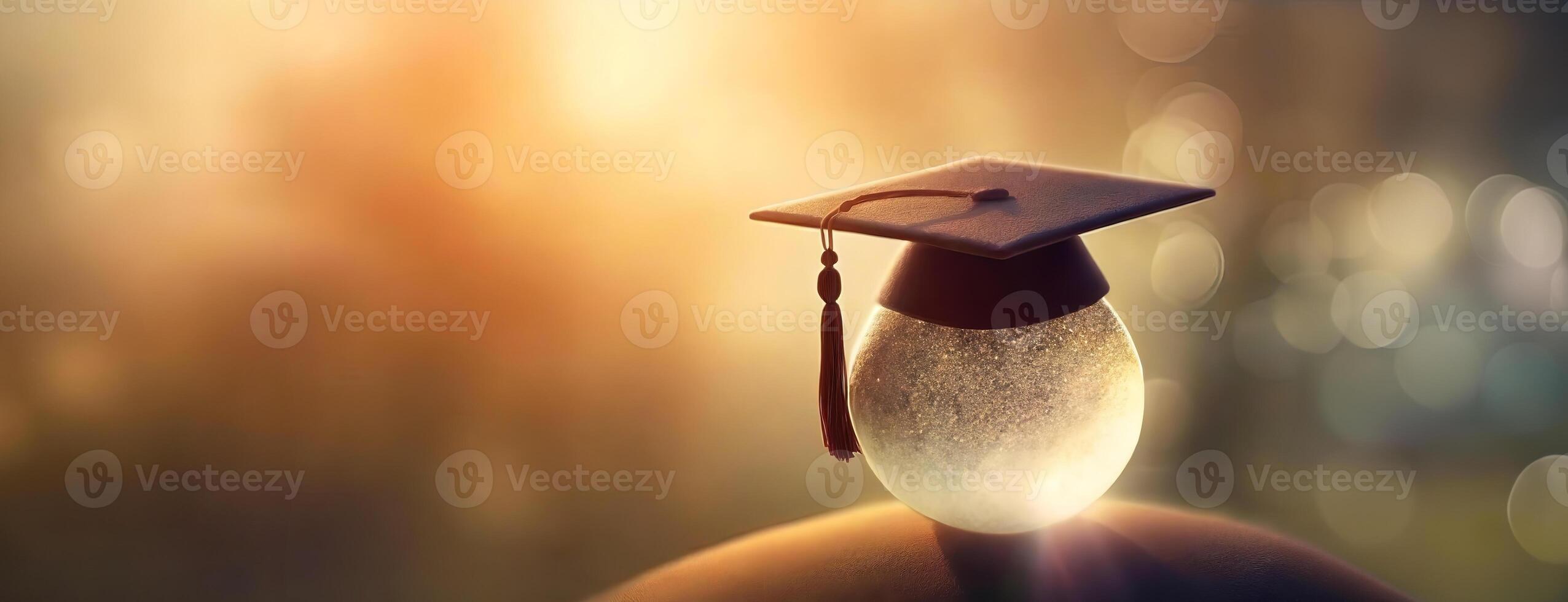 AI Generated Graduation Cap in Golden Evening Light. Glowing globe against a soft-focused golden backdrop, symbolizing the enlightening journey of education. photo