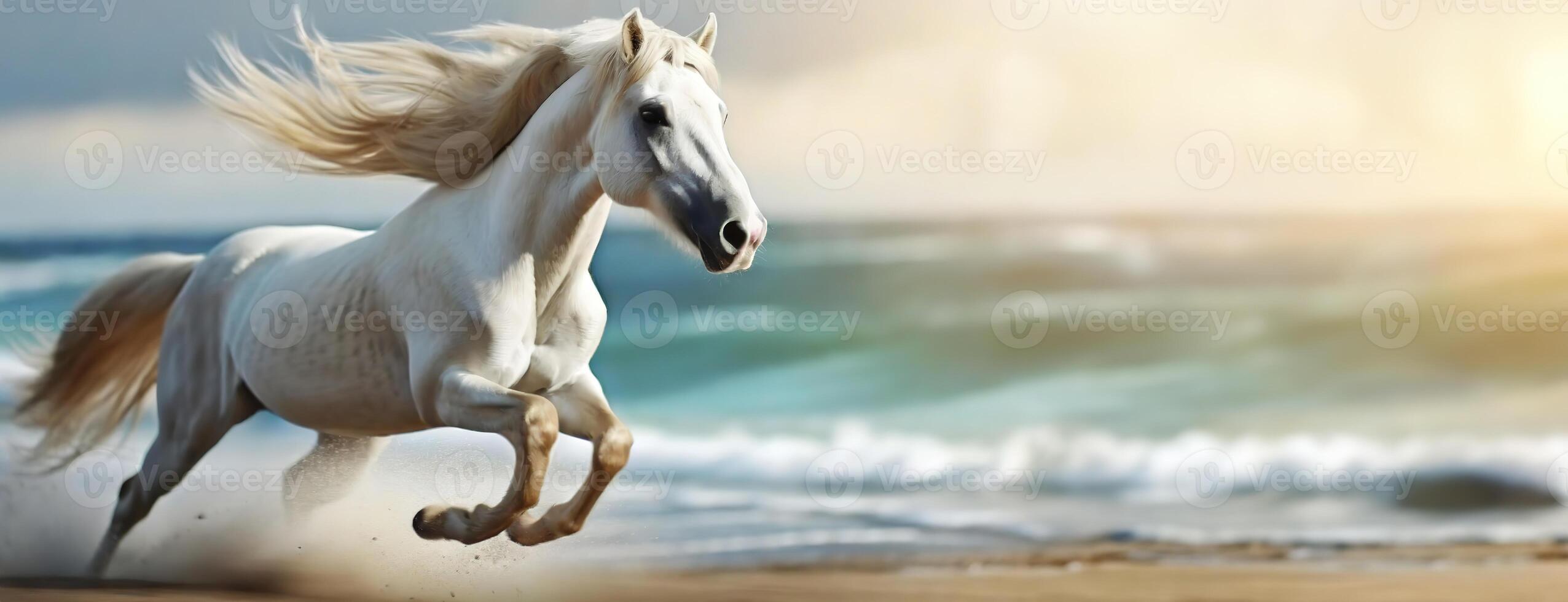 AI Generated A majestic white horse galloping along the shore with a mane flowing in the wind. Panorama with copy space. photo