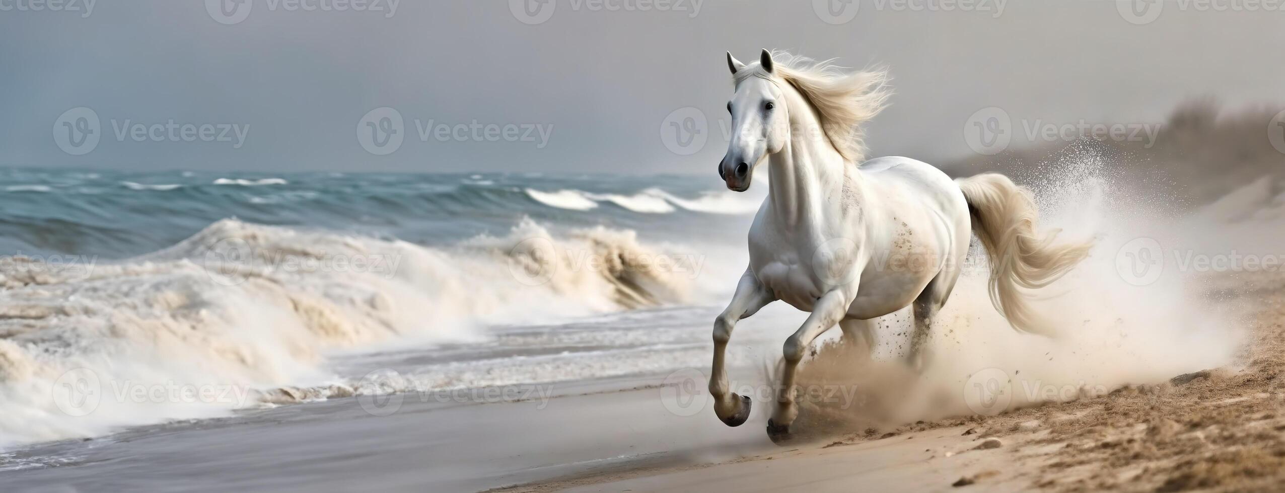 AI Generated A majestic white horse gallops along the shore, ocean waves crashing behind. The powerful grace of animal on sandy beach. Background with copy space. Freedom and the wild spirit of nature photo