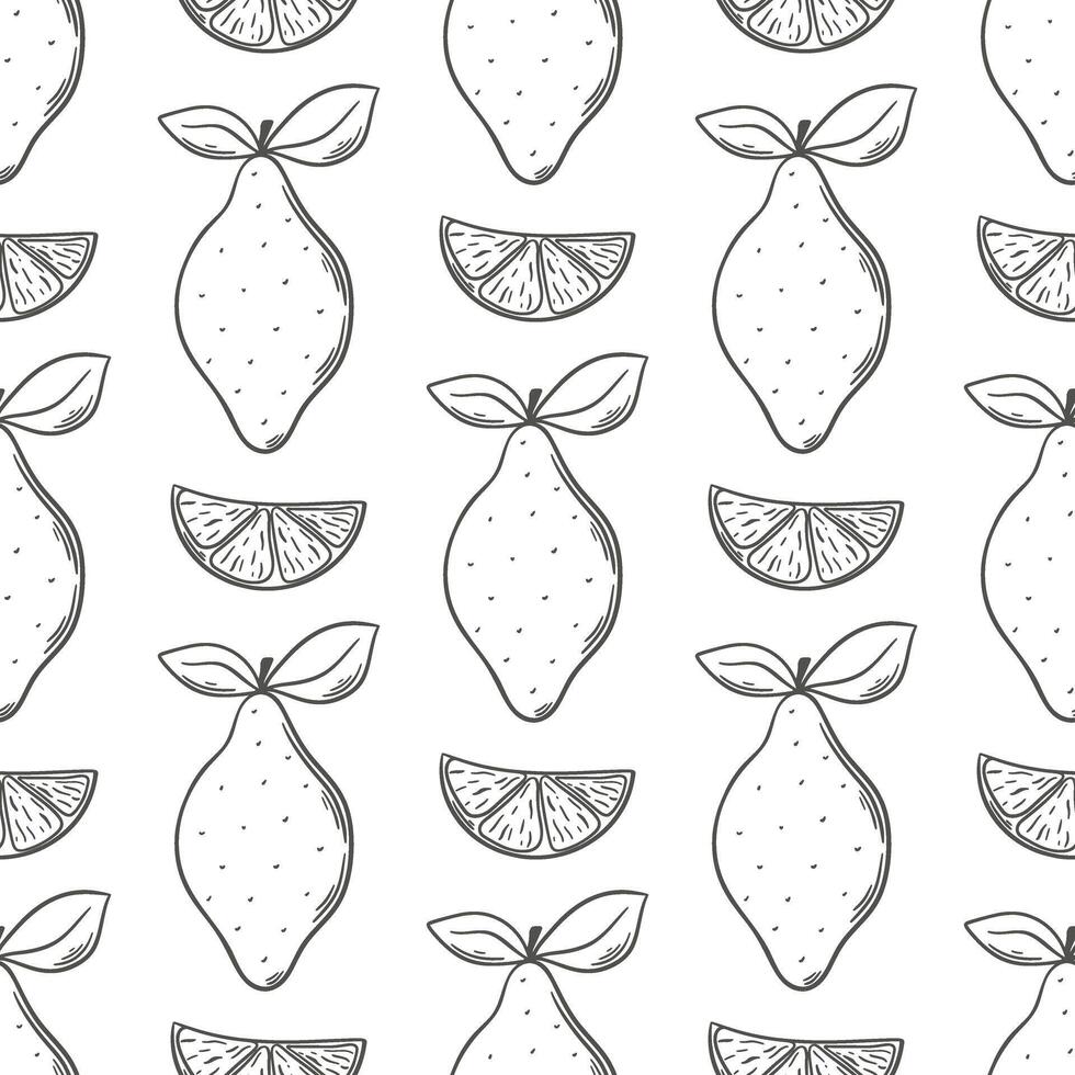 Whole and sliced lemon hand engraved seamless pattern vector
