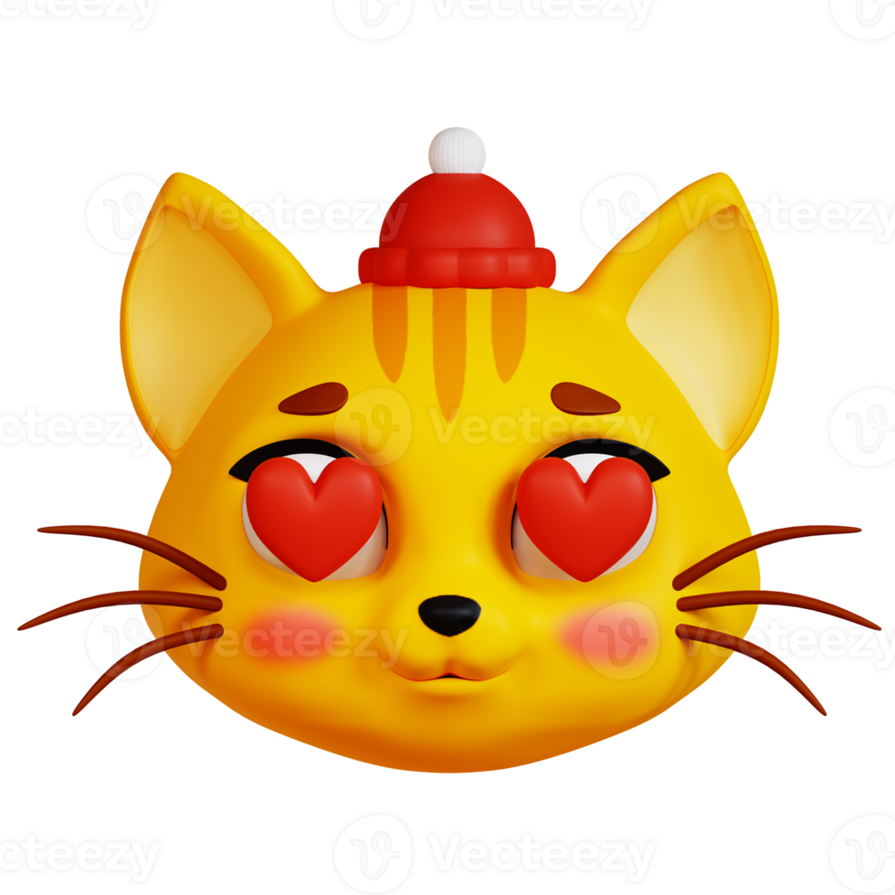 3D Cat with Heart Eyes and Red Hat icon on transparent background png