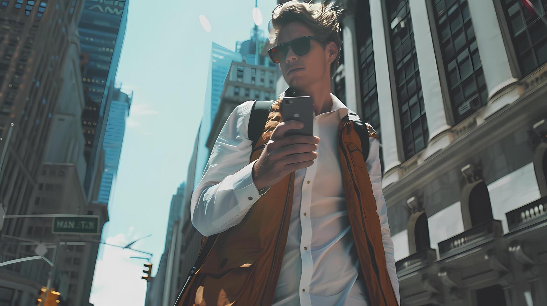 AI generated A cool and stylish American model takes in breathtaking New York landmarks while traveling. With a mobile phone in hand photo