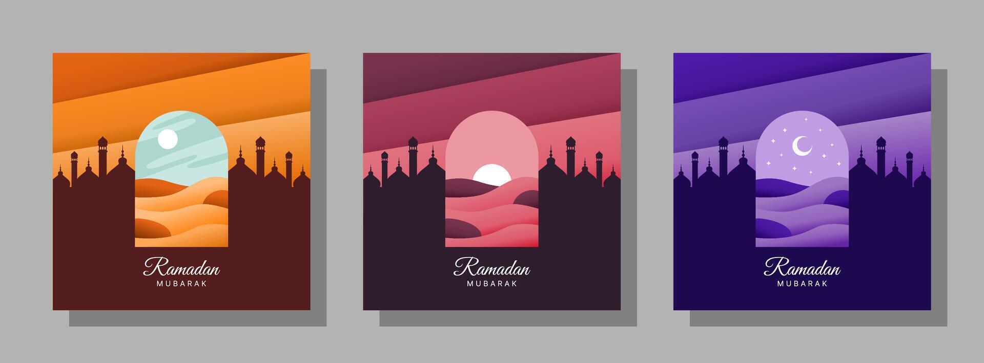 Set of vector ramadan mubarak with desert illustration for posters, cards, covers, and others.