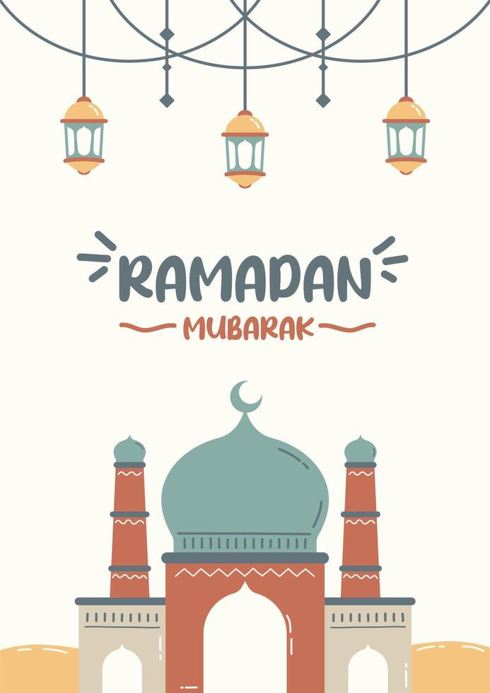 Happy ramadan mubarak template for covers, social media, cards, and others. Playful design with cartoonist mosque illustration and fun typography. vector