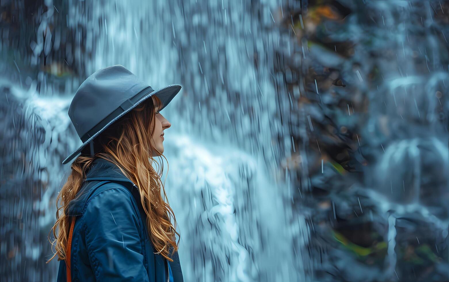 AI generated Young woman looking up at the waterfall photo