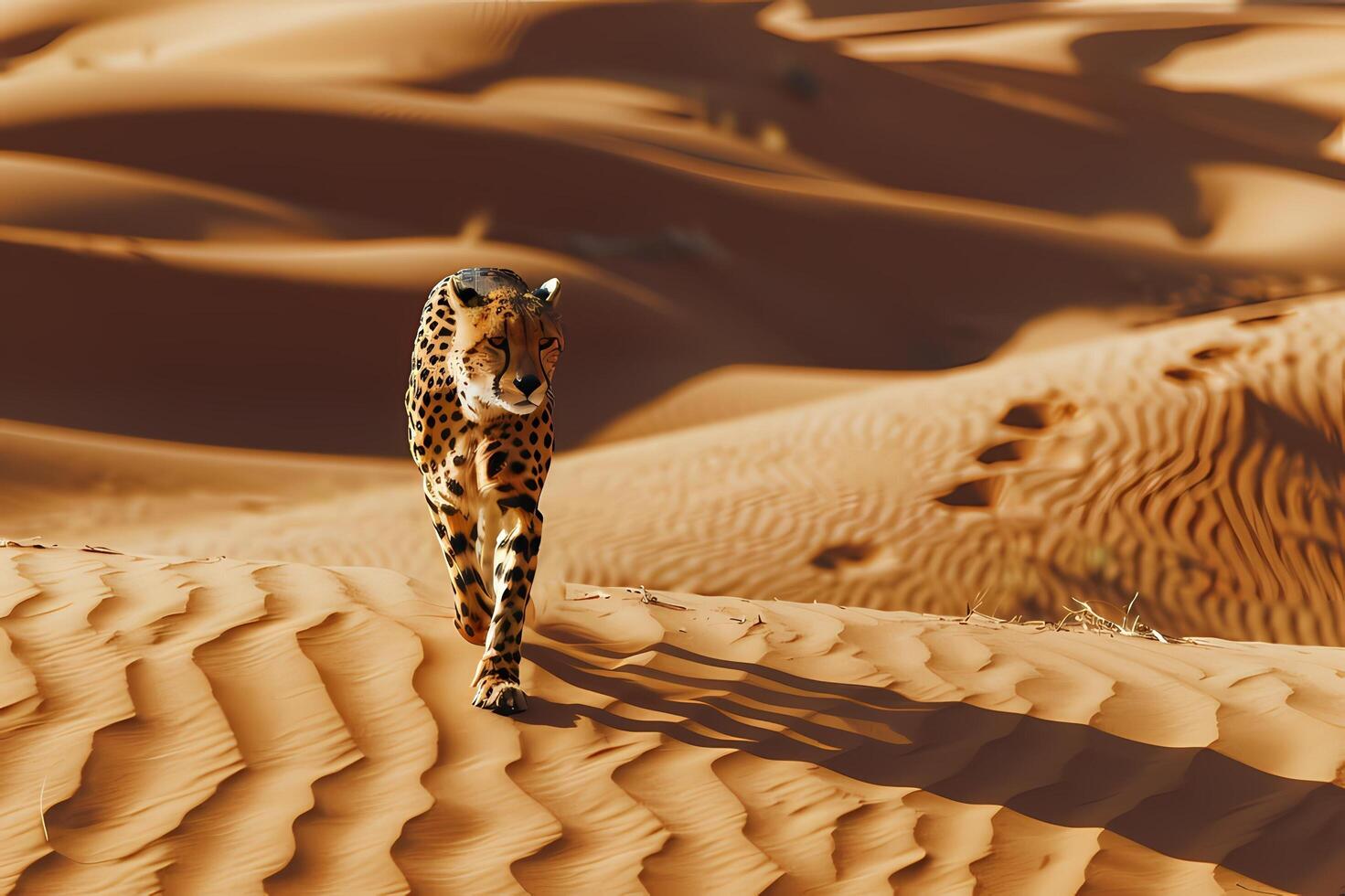 ai generado un leopardo es caminando a través de un arena duna en un desierto. foto