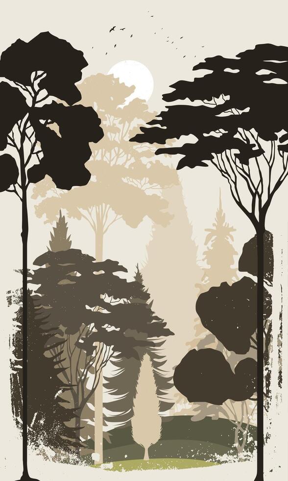 Forest silhouette wallpaper with brush strokes. Silhouette of forest view vector