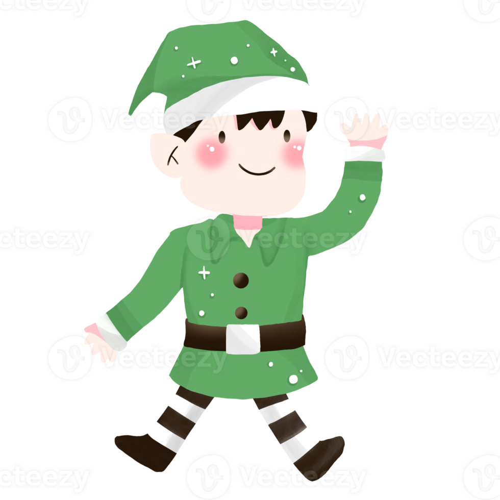 a cartoon elf in green clothes waving png