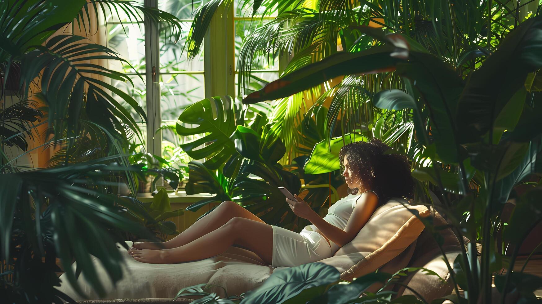 AI generated There are many beautiful lush indoor plants on the balcony, and a woman is holding a smartphone in her hand. photo