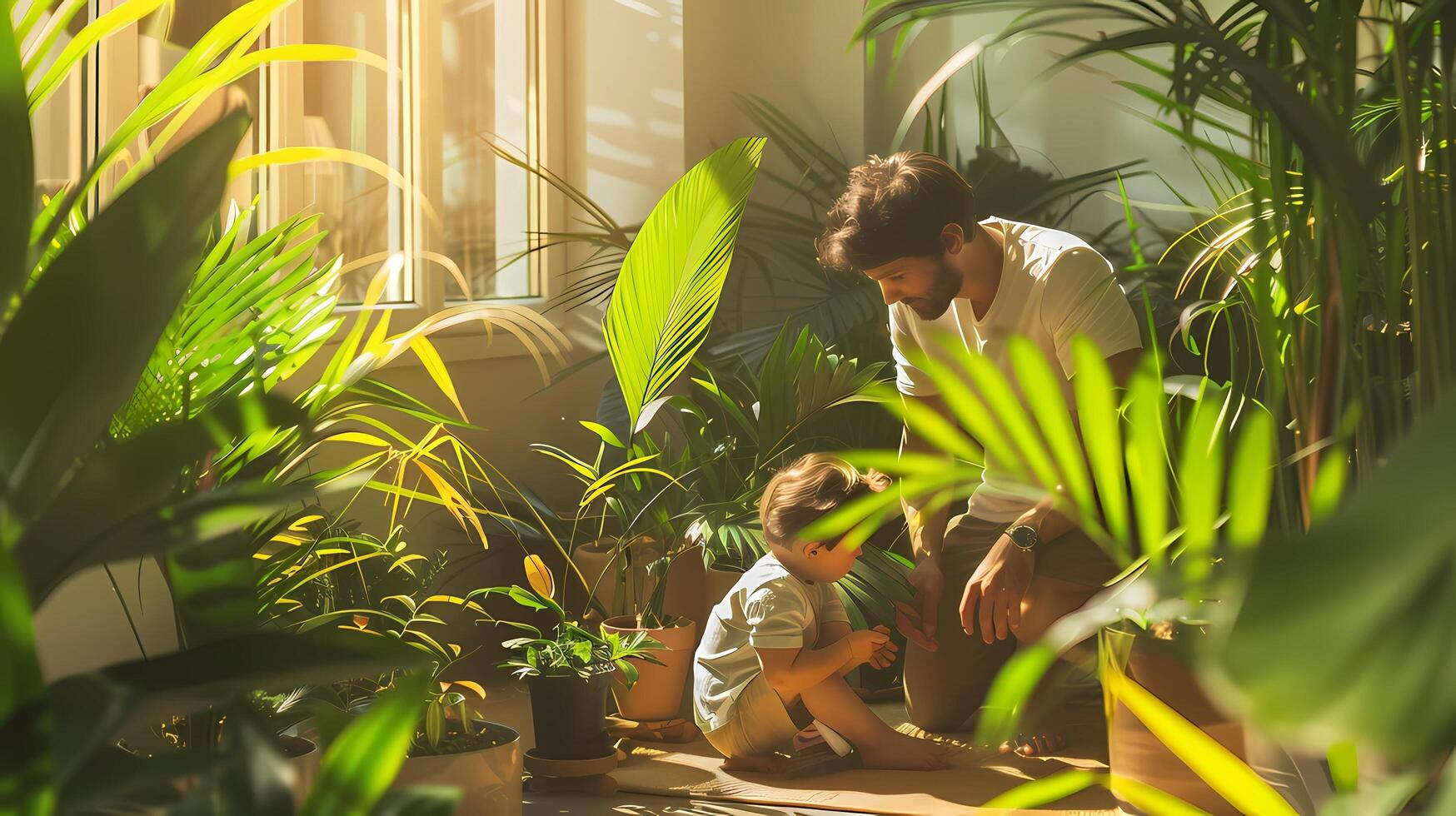 AI generated Many beautiful lush indoor plants on the balcony. father and son playing together photo