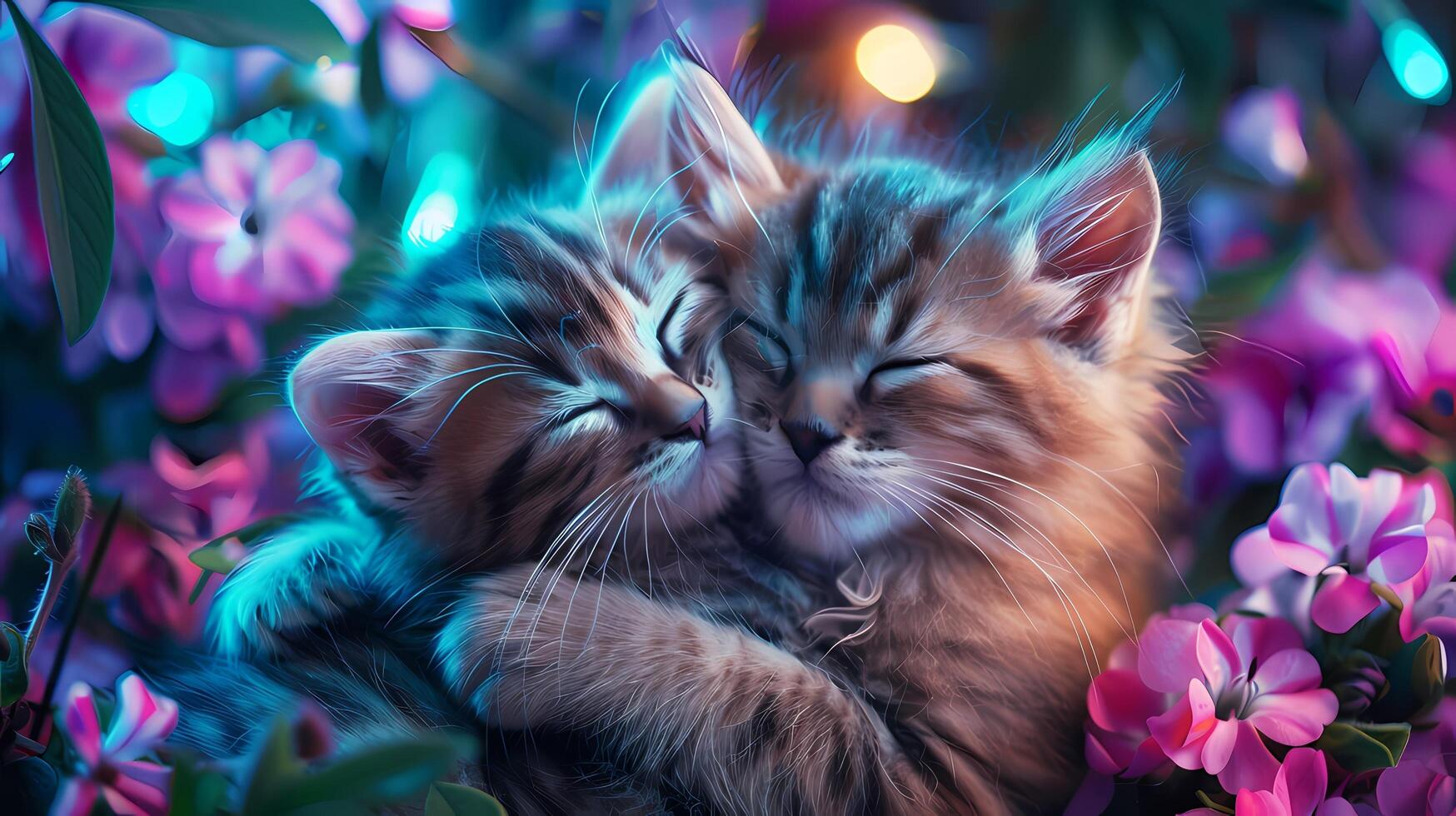 AI generated Two fluffy kittens sleep peacefully on colorful flowers. photo