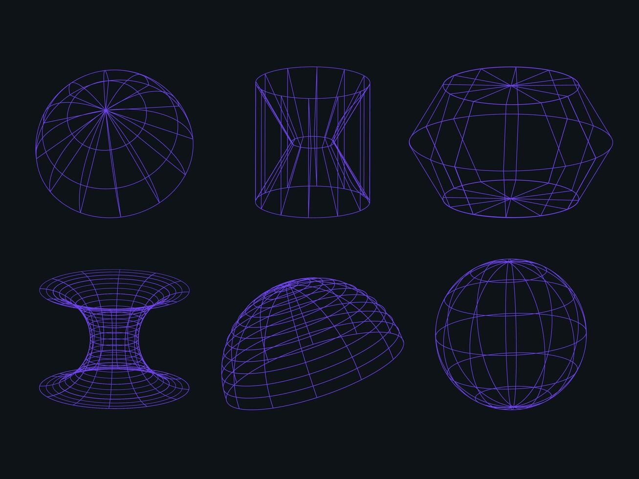 Blue neon wireframe shapes set. Abstract futuristic objects with connected lines. vector