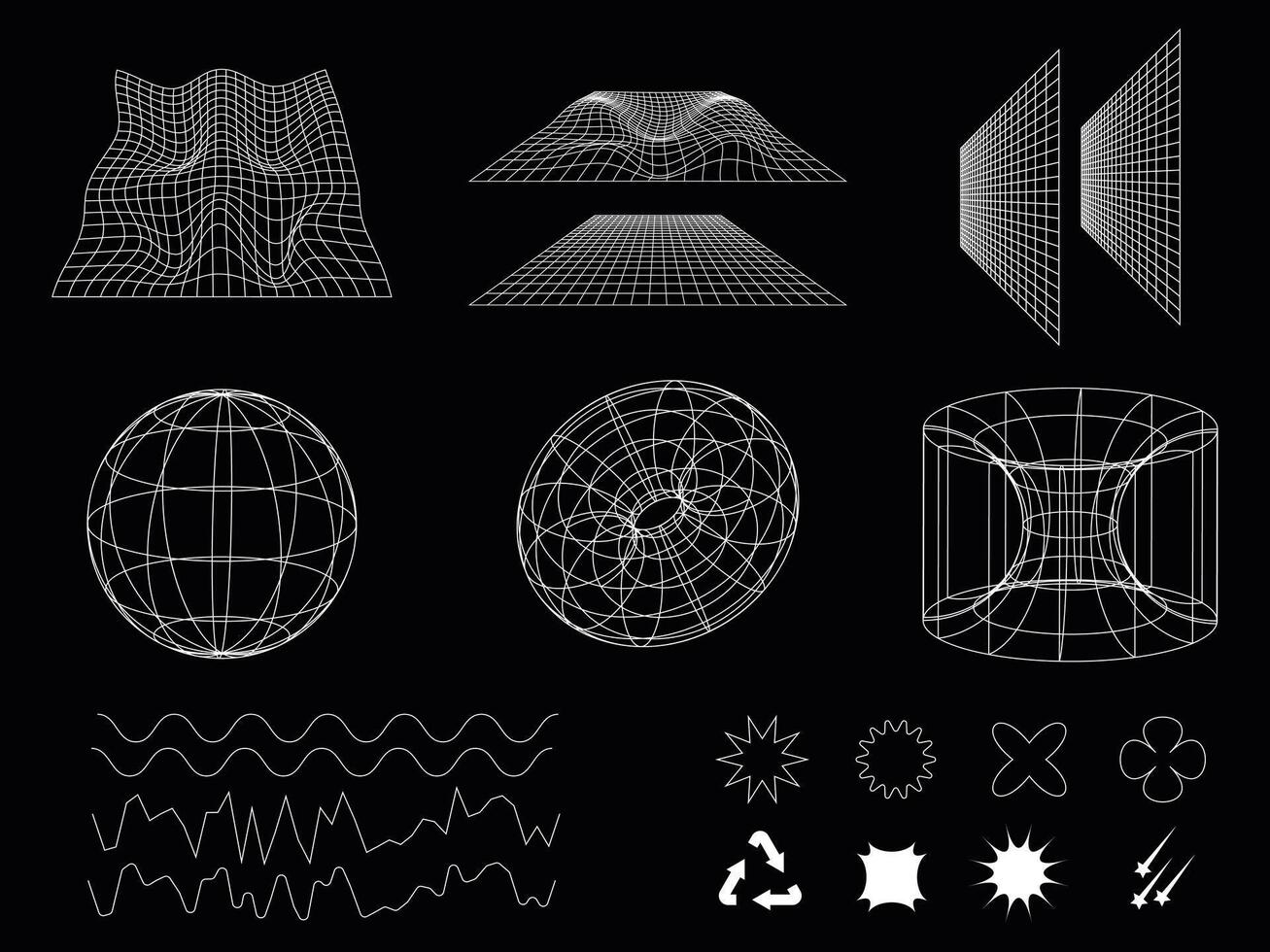 retro estructura alámbrica blanco viaje elementos en el negro antecedentes. onda, forma, y resumen formas en y2k estilo. vector