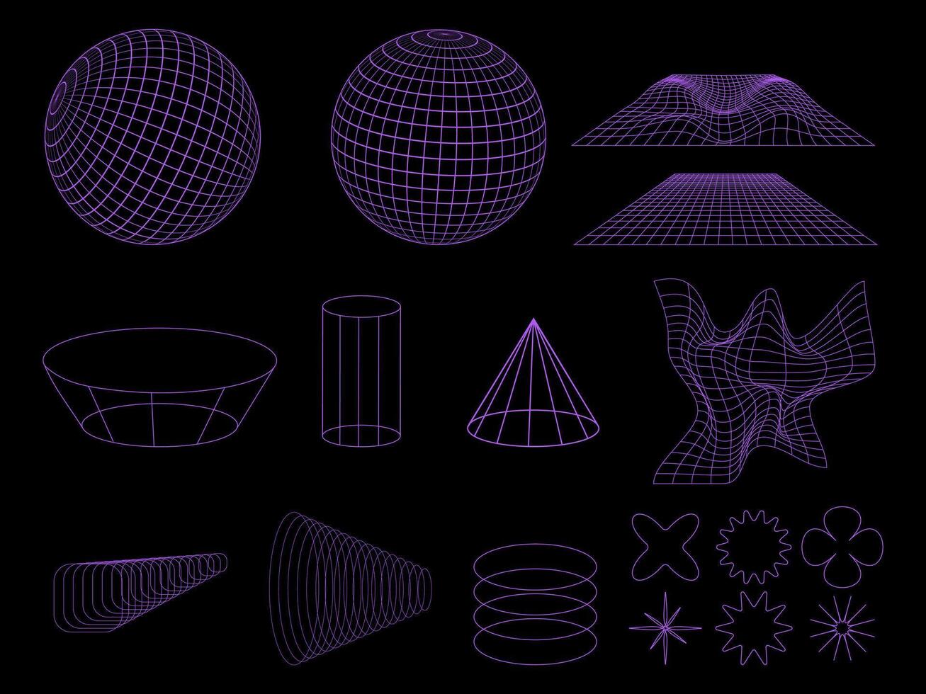 3d geometric shapes set. Abstract retro-futuristic wireframe. vector