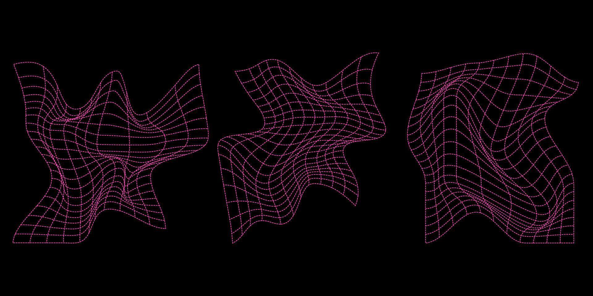 Perspective grid wireframe set in neon color. Futuristic acid aesthetic set. vector