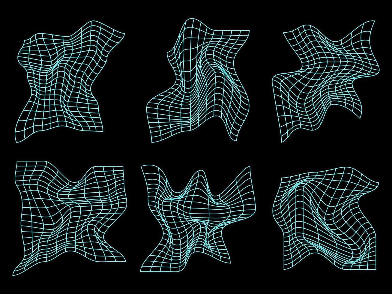 PrintSet of abstract aesthetic wireframe in y2k style. Geometric 3D wireframe shapes. vector