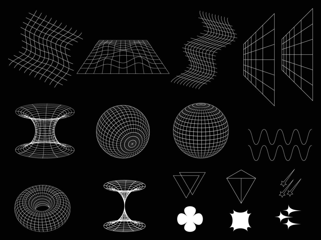 3d retro wireframe set. White wireframe elements on the black background. vector