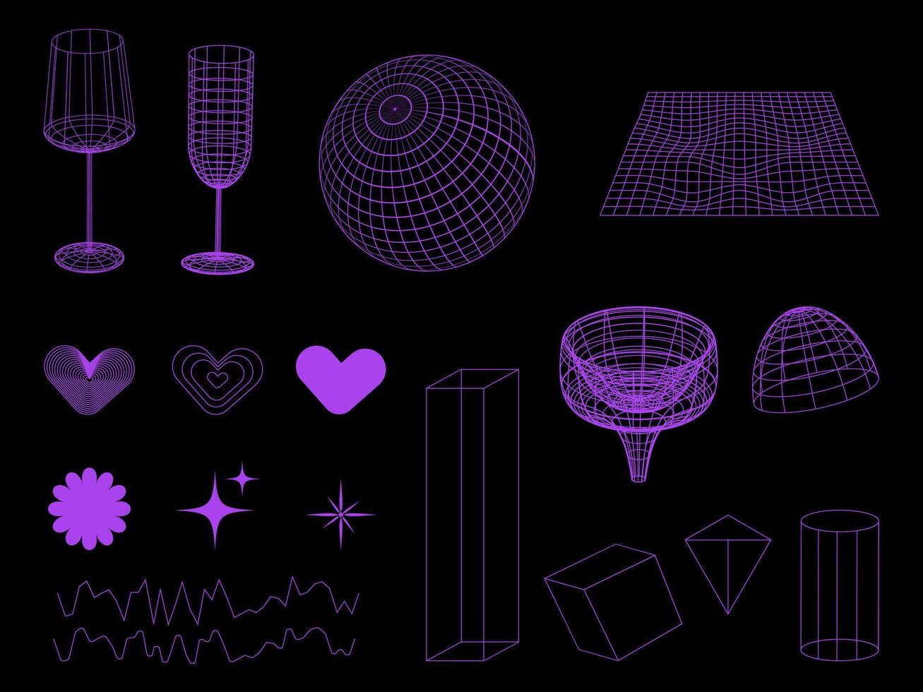 Abstract geometry wireframe shapes. Futuristic Y2k acid aesthetic set. The set is great for social media posts, cards, brochures, flyers, and advertising poster templates. Vector illustration.