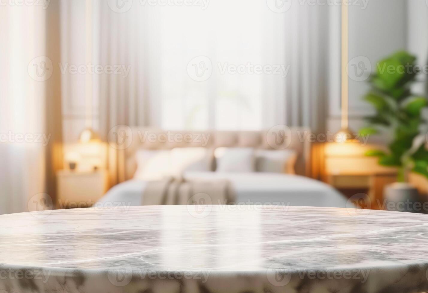 AI generated Empty marble stone table in front of blurred bedroom interior background, can be used mock up for montage products display or design layout photo