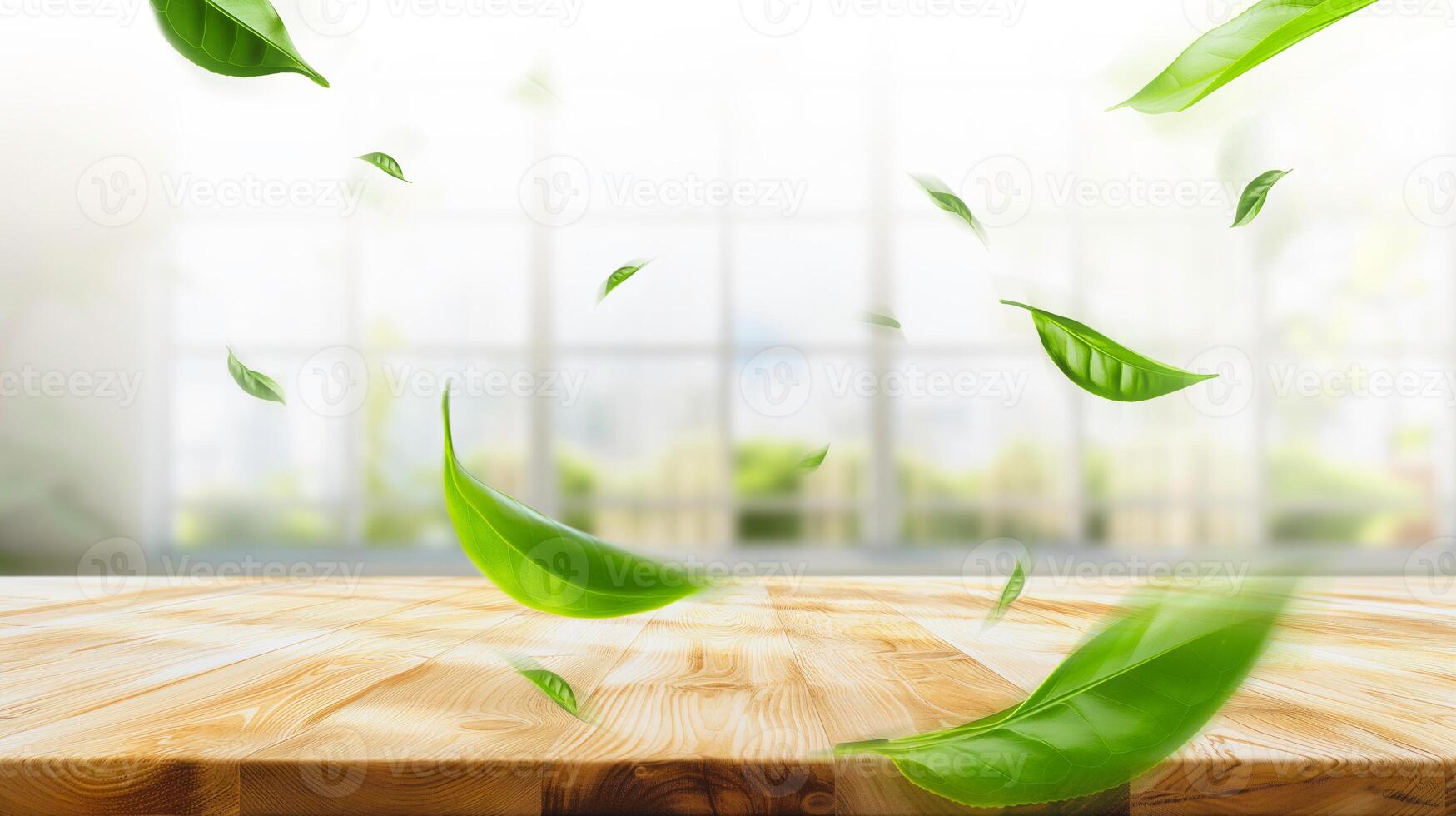 Empty table wooden behind is a window background, for your photo montage or product display, Space for placing items on the table