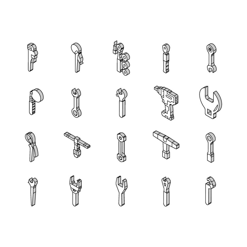 wrench tool spanner repair isometric icons set vector