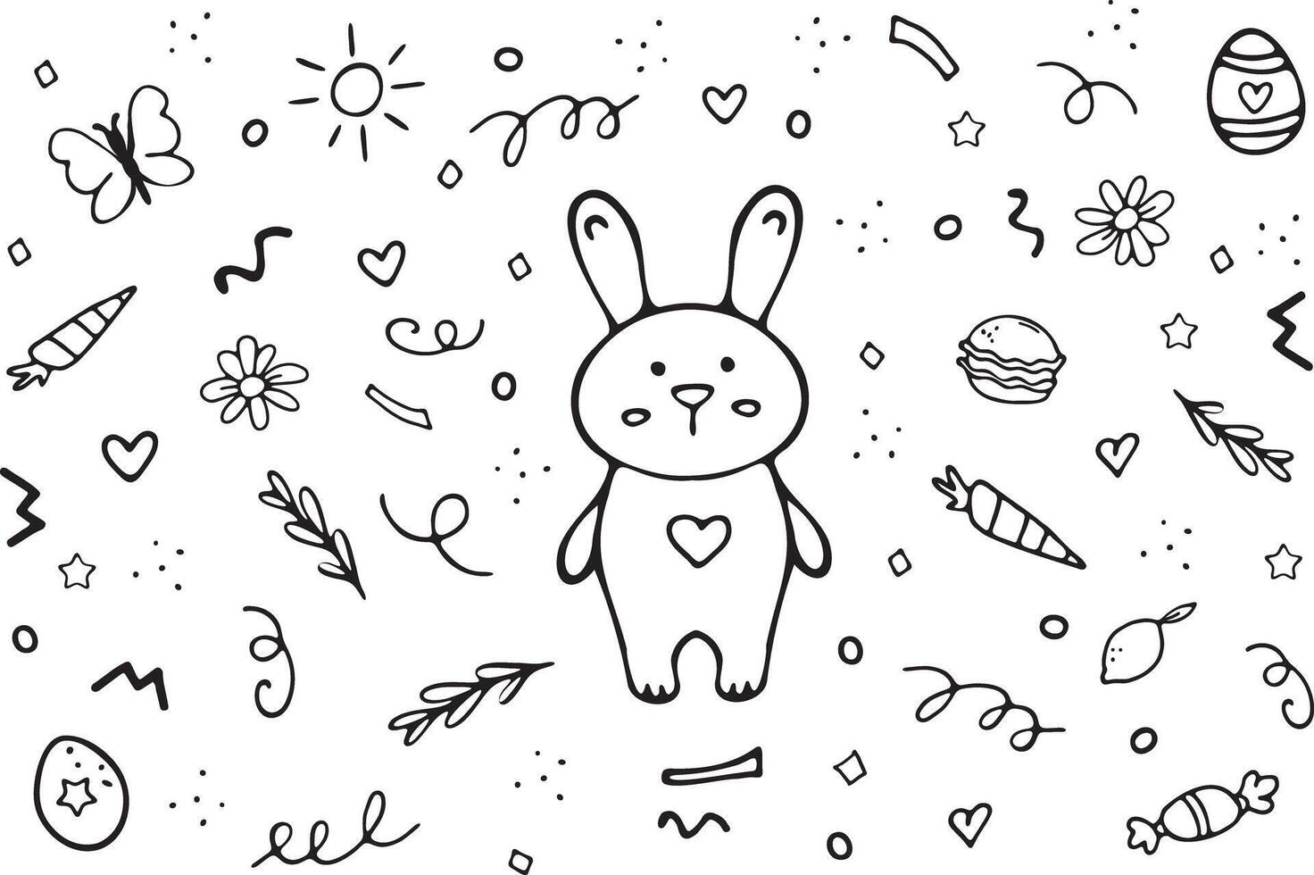 Cute bunny rabbit with heart. Cute doodle elements for Easter, vector set with carrot, eggshell, candy, colored eggs. Hand drawn illustration