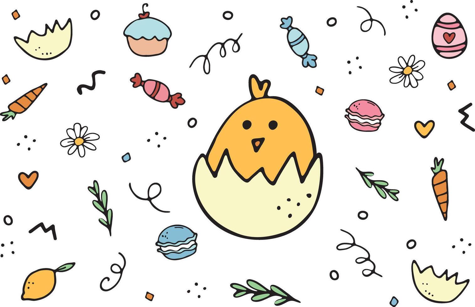 Cute Easter chicken sits inside half of a shell. A bird surrounded by sweets, Easter eggs and carrots. Collection of doodle illustrations vector