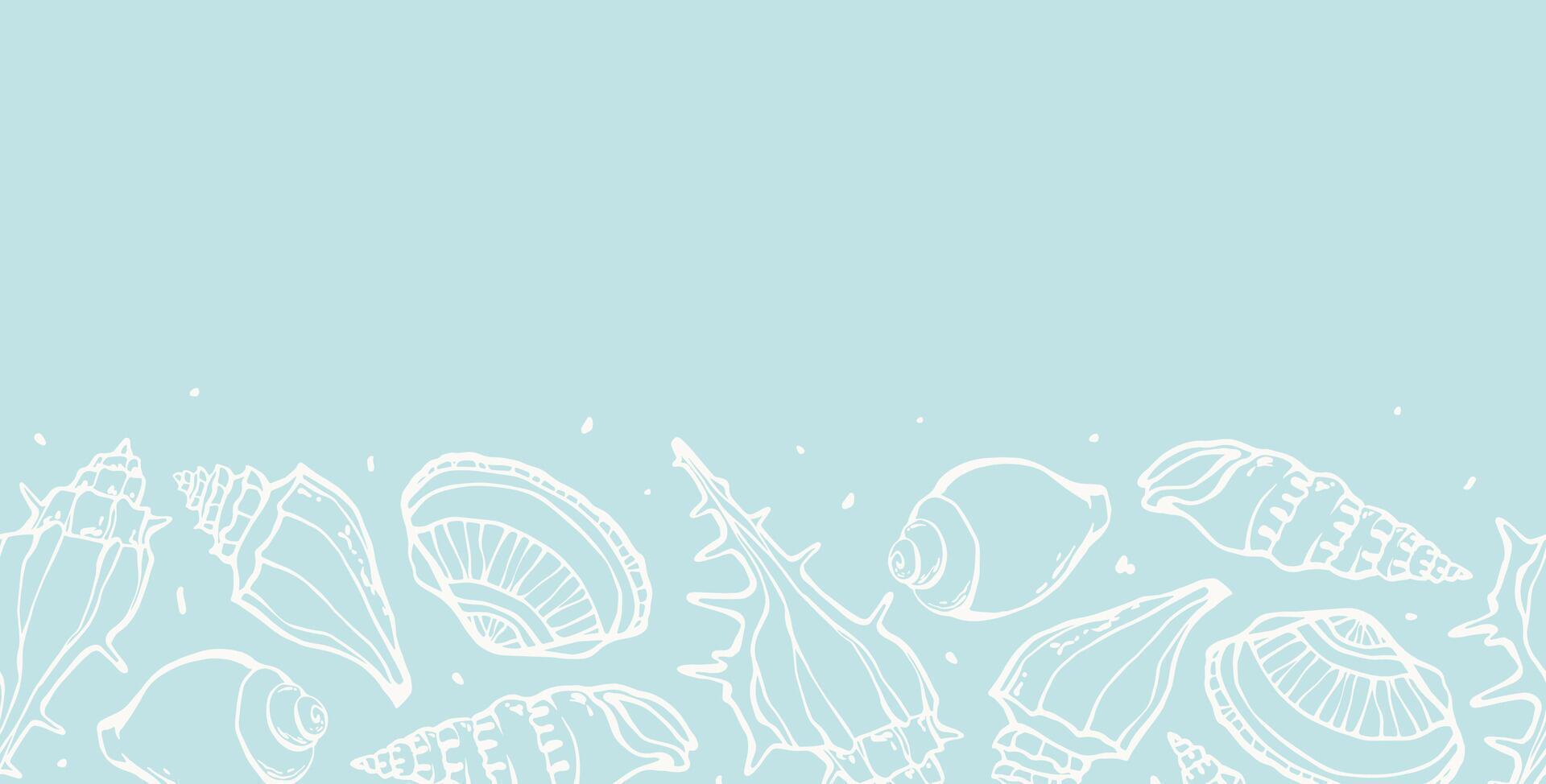 Sea shells seamless border marine background with hand drawn print bathroom textile vector design