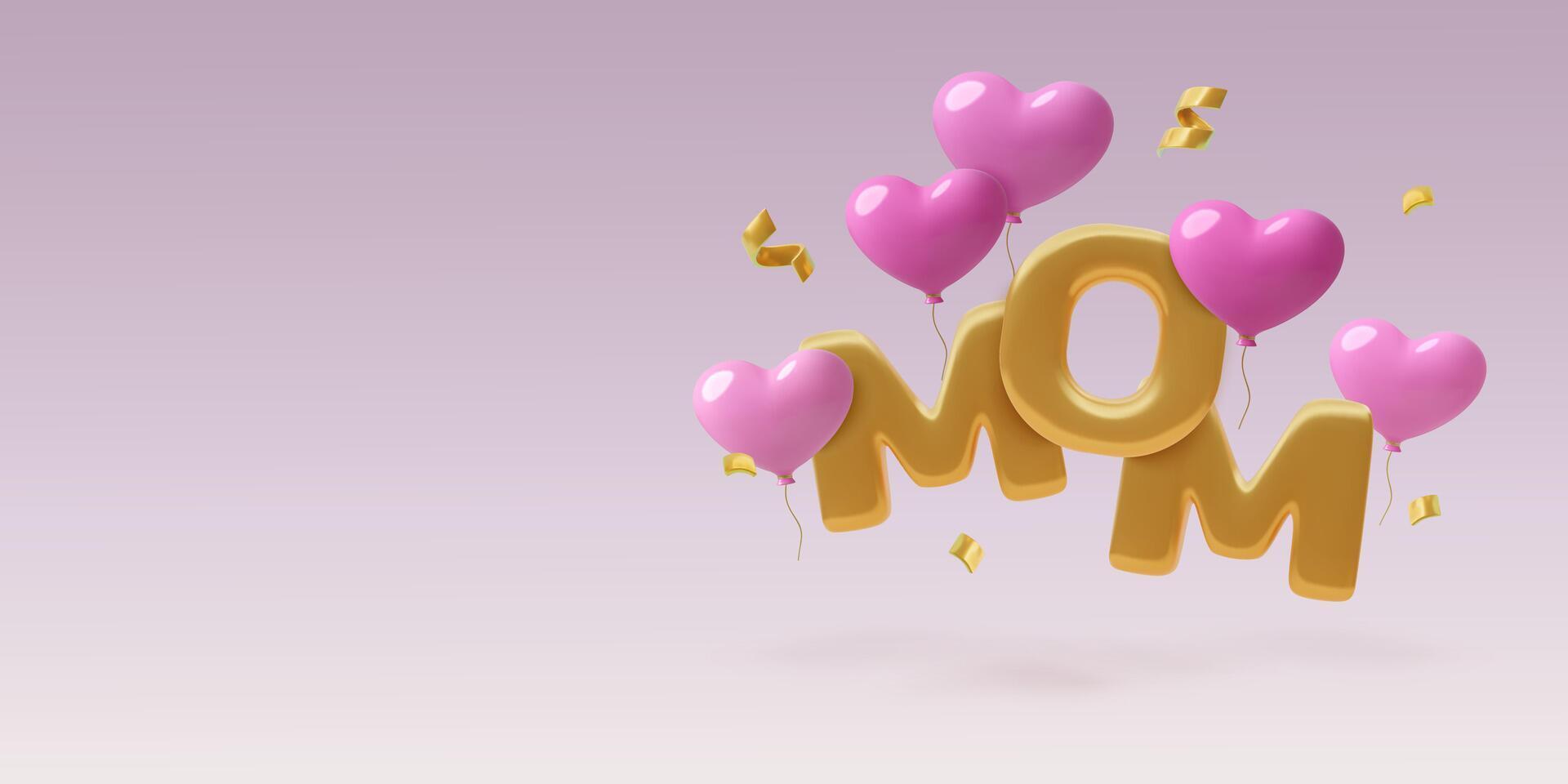 Gold mom word 3D realistic Mother's Day background with pink heart balloons and copy space vector