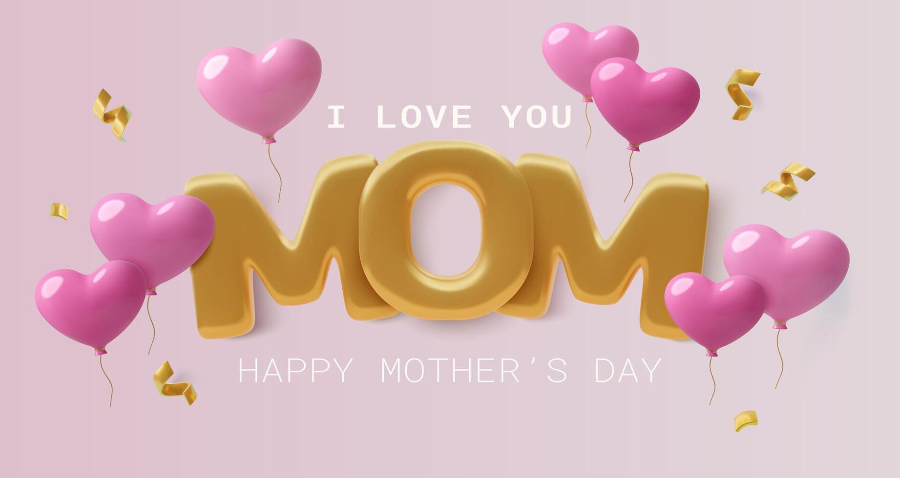 3D realistic Mother's Day banner with mom word pink heart balloons and three dimensional confetti vector