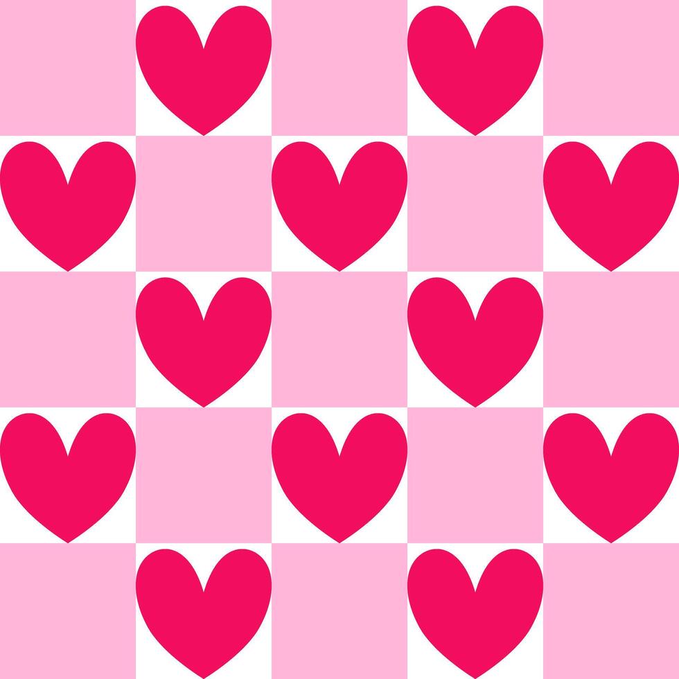 Seamless pattern of pink chess board checkered texture and hearts. vector