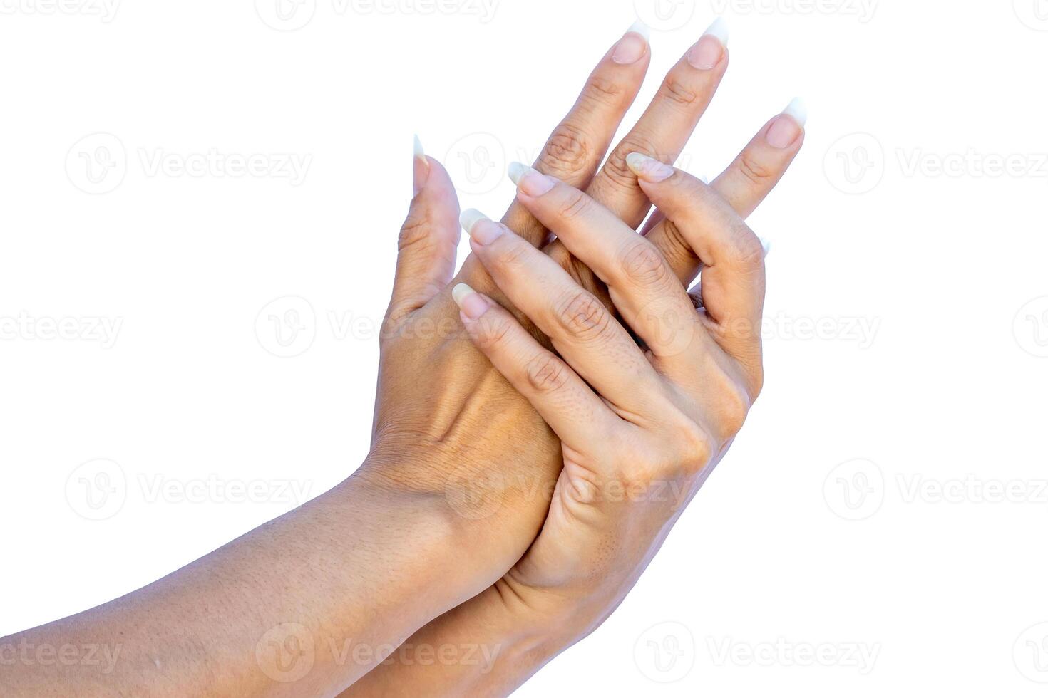 Hands of a woman with long nails without paint or touch-ups. photo