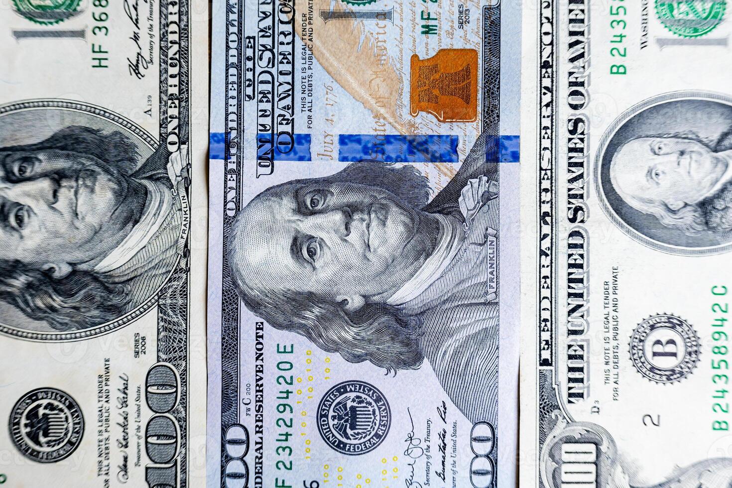 Three different types of hundred dollar bills. photo