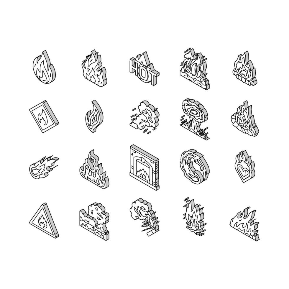 flame hot fire burn bonfire heat isometric icons set vector